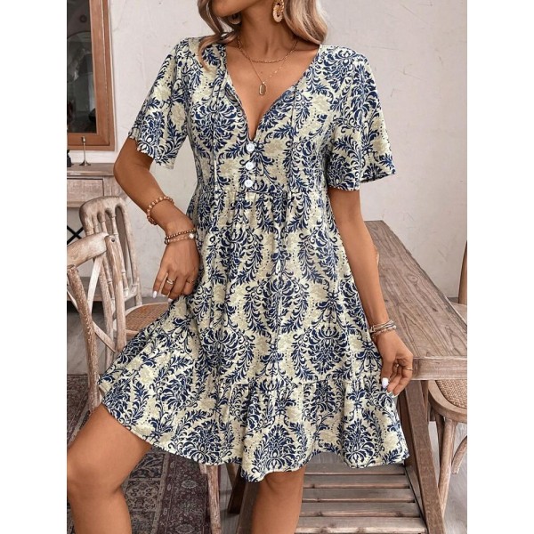 Kadın Kısa Kollu Yakadan Bağcıklı Desenli Fırfırlı Süprem Elbise