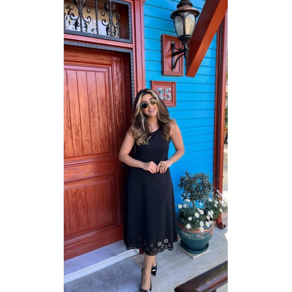 Kadın Kolsuz Etek Ucu Lazer Kesim çiçek Desenli Midi Boy Janjan Krep Elbise