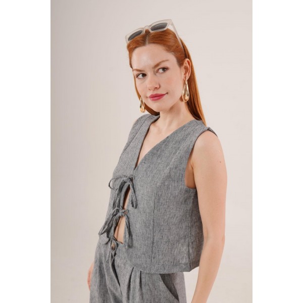 Ön Bağlama Detaylı Yelek Ve Pantolon Antrasit İkili Takım