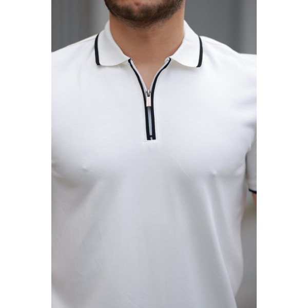 Erkek Fermuar Yakalı çizgi Detaylı Kısa Kollu Tişört