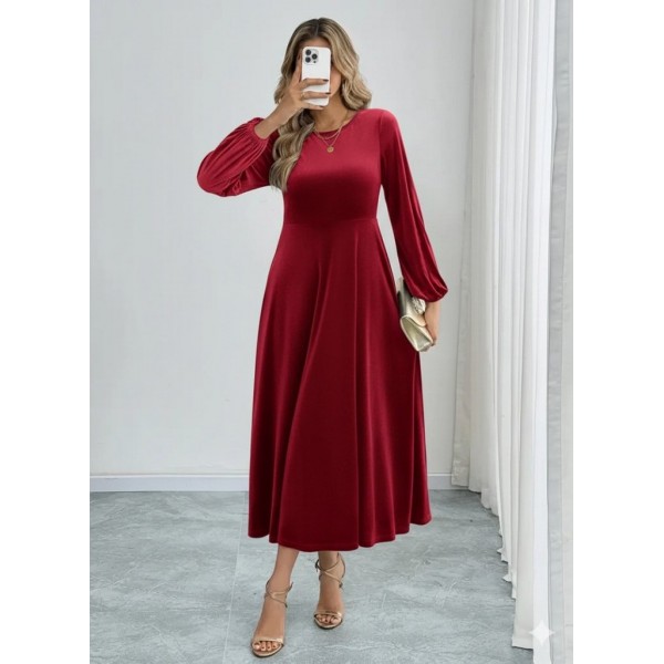 Kadın Uzun Kollu Bisiklet Yaka Midi Kadife Elbise