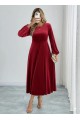 Kadın Uzun Kollu Bisiklet Yaka Midi Kadife Elbise