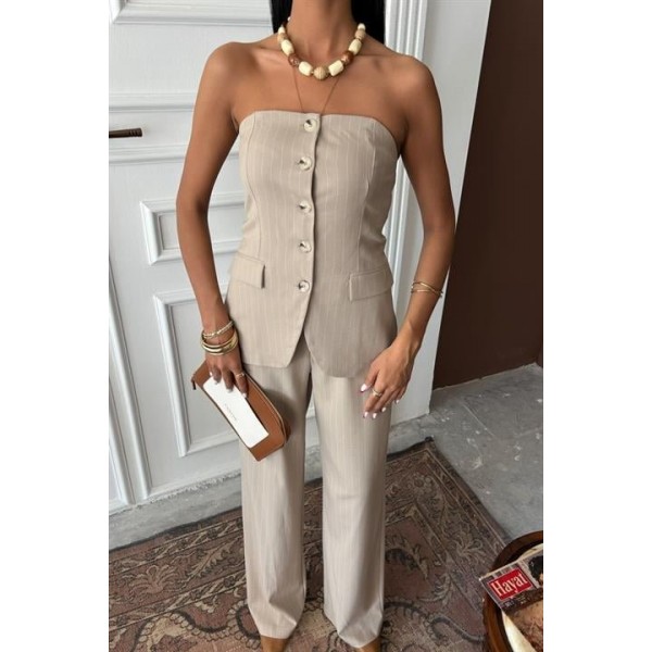 Straplez Büstiyerli Plazzo Pantolonlu Çizgili Takım 10151