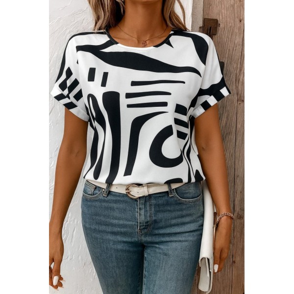 Kadın Kısa Kollu Yuvarlak Yaka Desenli Süprem Bluz