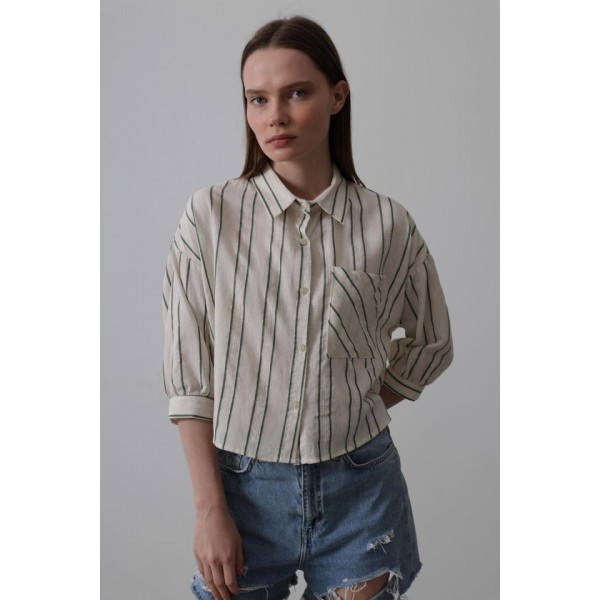 Çizgili Kısa Gömlek - Bej-Yeşil