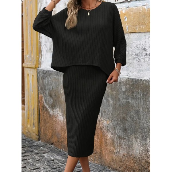 Kadın Uzun Kollu Yakası Açık Yarasa Kollu şardonlu Kaşkorse Bluz Ve Etek Takım