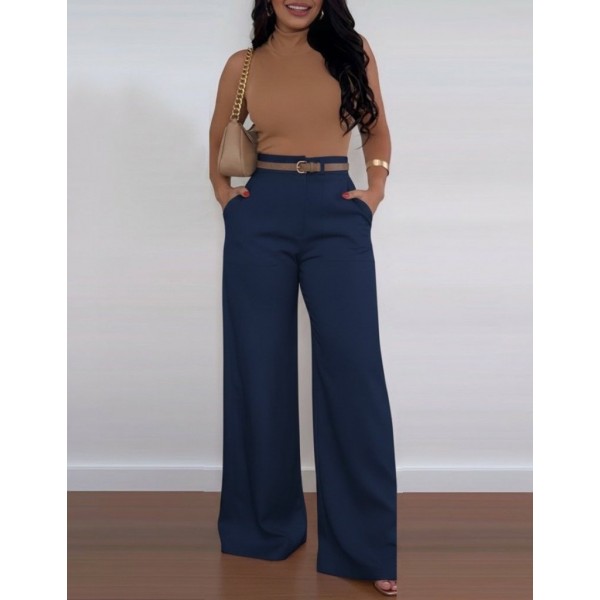 Kadın Yüksek Bel Geniş Paça Detaylı Cepli Ithal Krep Pantolon (kemersiz)