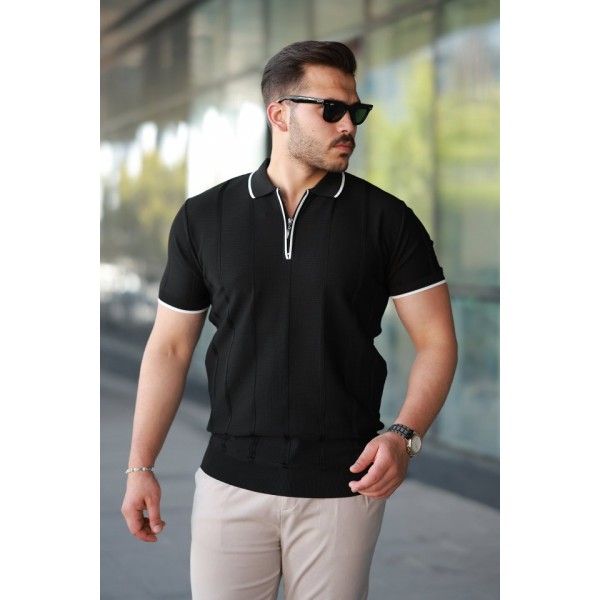 Erkek Dikey Kabartmalı Örgü Dokulu Fermuar Yakalı Tişört