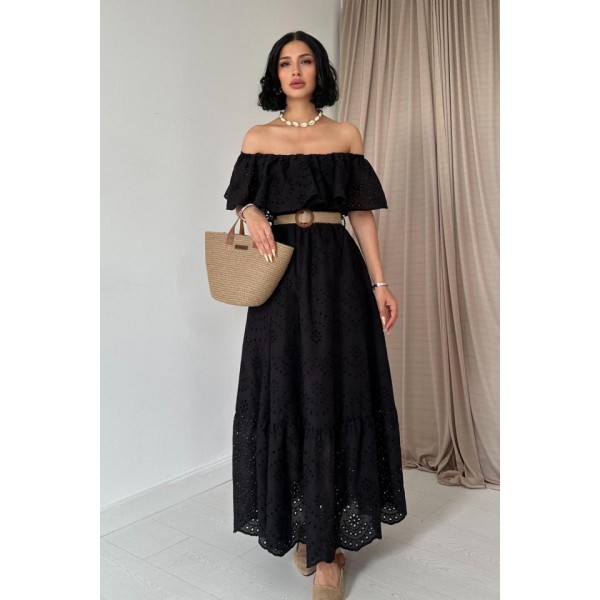 Siyah Omzu Lastikli Brode Elbise