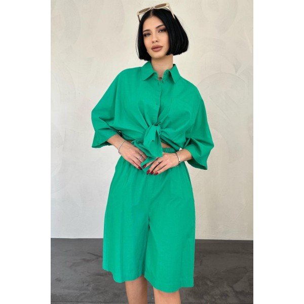 Yeşil Kısa Kollu Keten Gömlek Ve Şort Takım