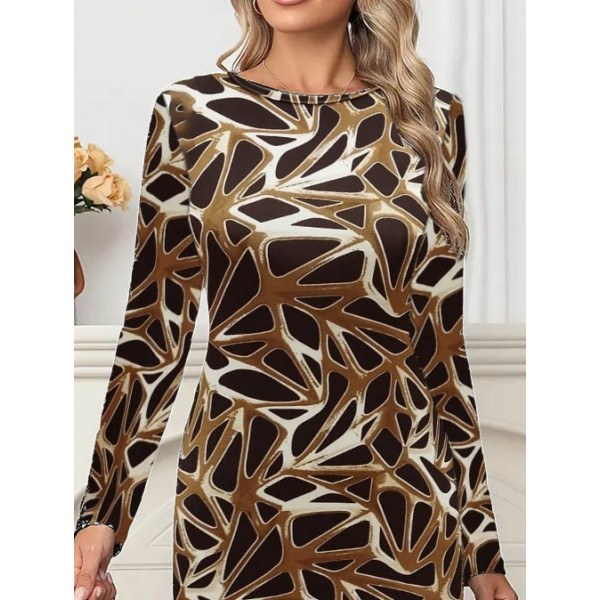 Kadın Uzun Kollu Bisiklet Yaka Desenli Dalgıç Kısa Elbise