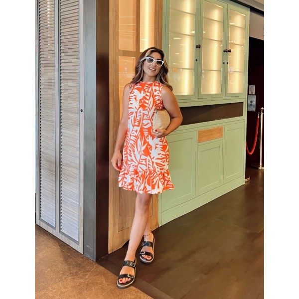 Kadın Sıfır Kollu Bisiklet Yakalı Fırfırlı Desenli Sofya Elbise