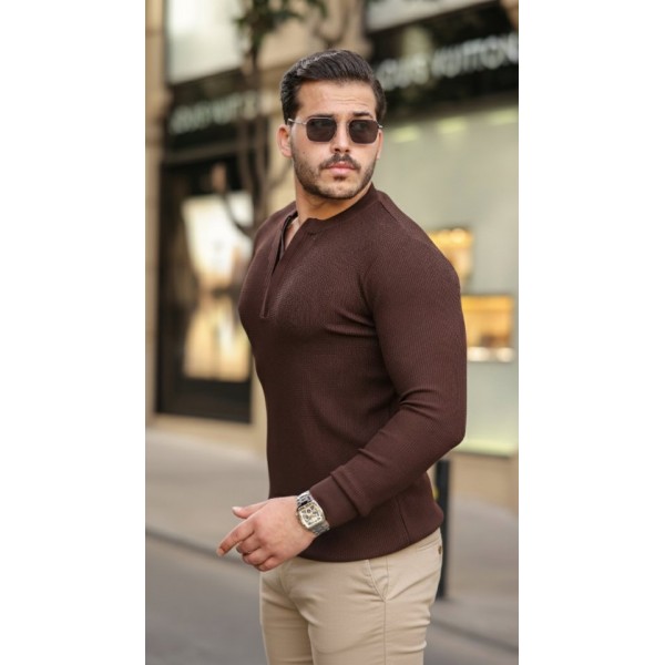 Erkek Fermuarlı Bisiklet Yaka Dokulu Uzun Kollu Triko