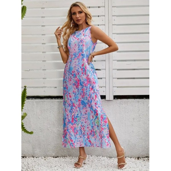 Kadın Askılı Yuvarlak Yaka Yandan Yırtmaçlı Uzun Süprem Elbise