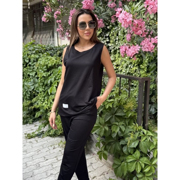 Kadın Askılı Yuvarlak Yaka Viskon Iki Iplik Bluz Ve Eşofman Altı Ikili Takım