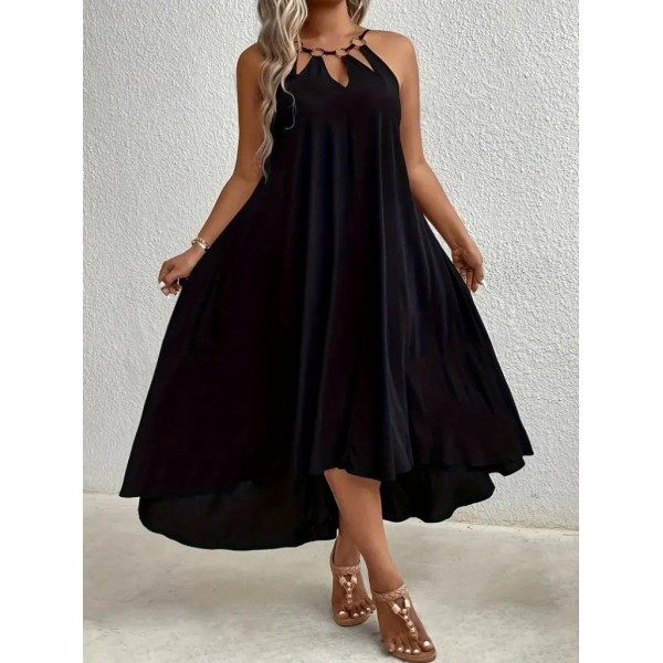 Kadın Boyundan Askılı Damla Detaylı Halkalı Asimetrik Kesim Viskon Elbise