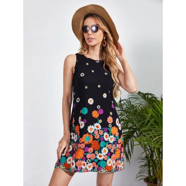 Kadın Sıfır Kollu Bisiklet Yaka çiçek Desenli Süprem Mini Elbise