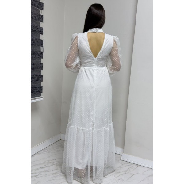 Kadın Damla Yaka Sırt Dekolteli Astarlı Tül Elbise