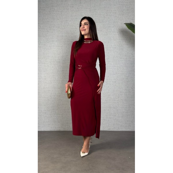 Kadın Balıkçı Yaka Toka Detay Sandy Kumaş Midi Boy Elbise