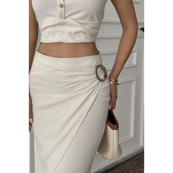 Bej Keten Gömlek Ve Etek Takım