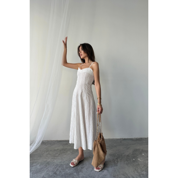 SİMLİ ÇİZGİLİ ASKILI ELBİSE MİDİ BOY - Kahverengi