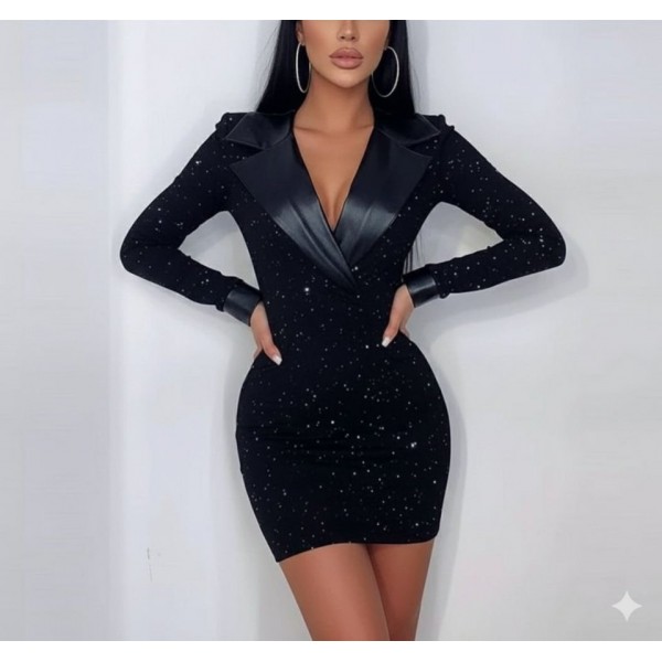 Kadın Deri Detaylı Manşet Yaka Simli Fukara Kumaş Mini Elbise