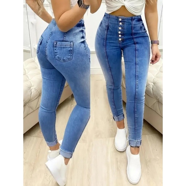 Kadın Yüksek Bel önden Düğmeli Jean Pantolon