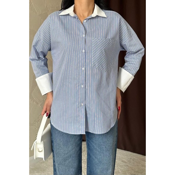 Mavi Çizgili Poplin Uzun Kol Gömlek