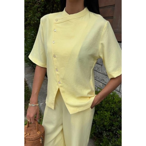 Hakim Yaka Çapraz Düğmeli Plazzo Pantolon Viscon Keten Takım 10209