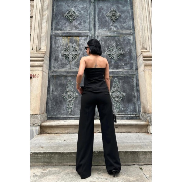 Siyah Straplez Düğmeli Crop Ve Pantolon Takım