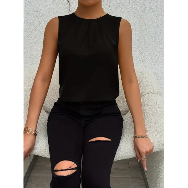 Kadın Askılı Yuvarlak Büzgü Yaka Sandy Bluz