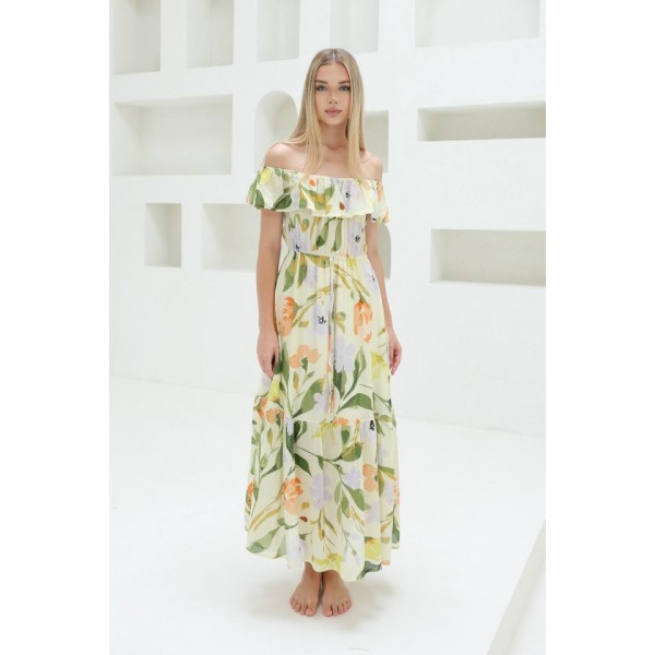 Madonna Yaka Elbise - Yeşil - Ekru