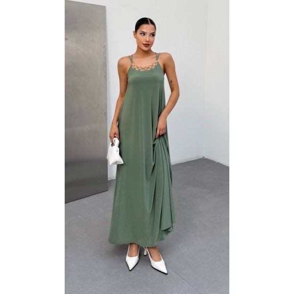 Kadın Omuz Askılı Kuş Gözü Zincir Detay Sandy Kumaş Maxi Boy Elbise