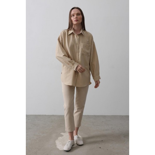 Çizgili Tek Cep Gömlek - Taş