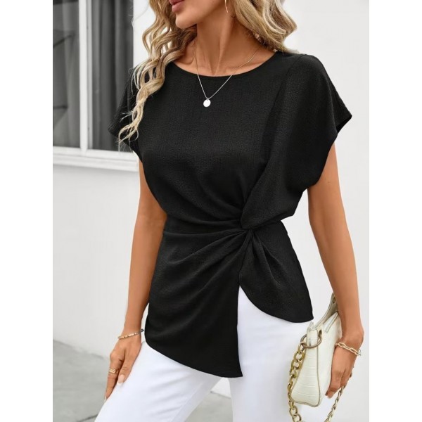 Kadın Kısa Kollu Yuvarlak Yakalı Yandan Sarmal Detaylı Bürümcük Bluz