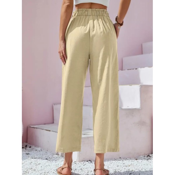 Kadın Bel Büzgü Ve Düğme Detay Kapri Keten Pantolon