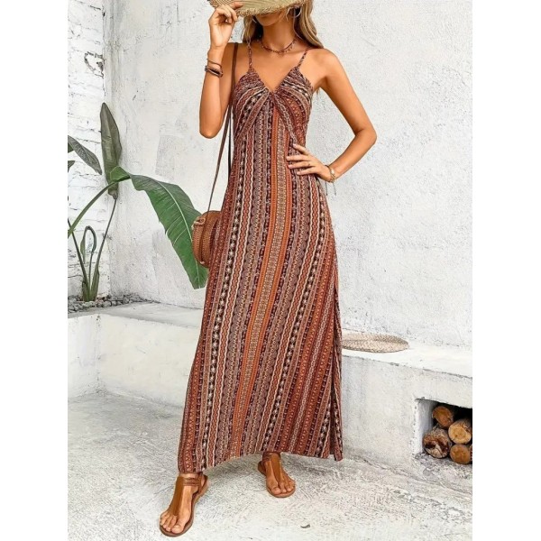 Kadın Ip Askılı Sırttan çapraz Detaylı Yırtmaçlı Desenli Süprem Elbise