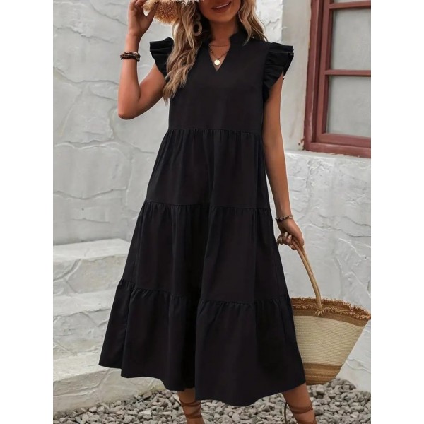 Kadın Kısa Kollu V Yakalı Geniş Kesim Uzun Trikoton Elbise