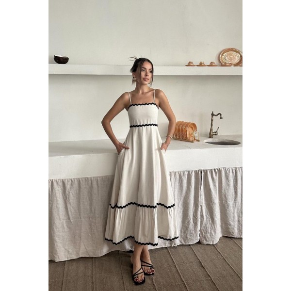 Bej Şerit Detay Keten Elbise