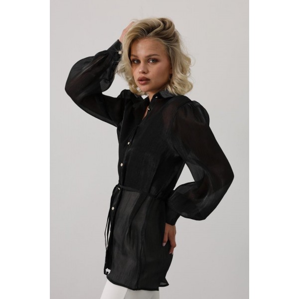 Belden Bağlamalı Uzun Kol Gömlek - Siyah