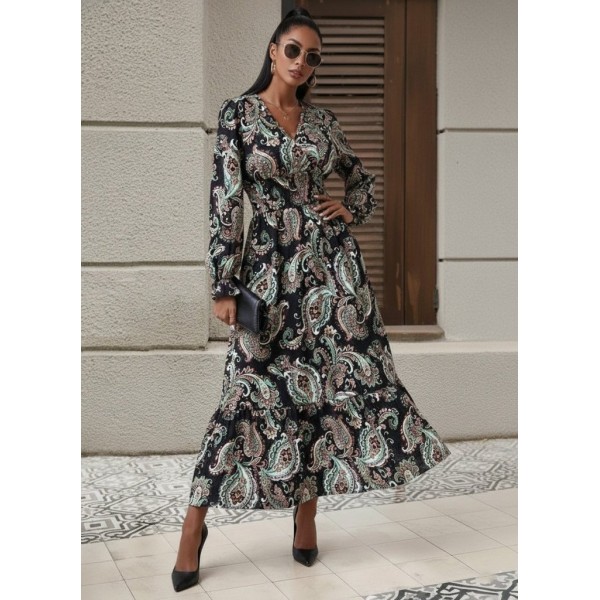 Kadın Uzun Kollu Kruvaze Yaka Beli Lastikli Uzun Desenli Maxi Elbise