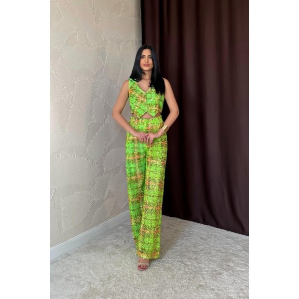 Yeşil Pullu Yelek Ve Pantolon Takım