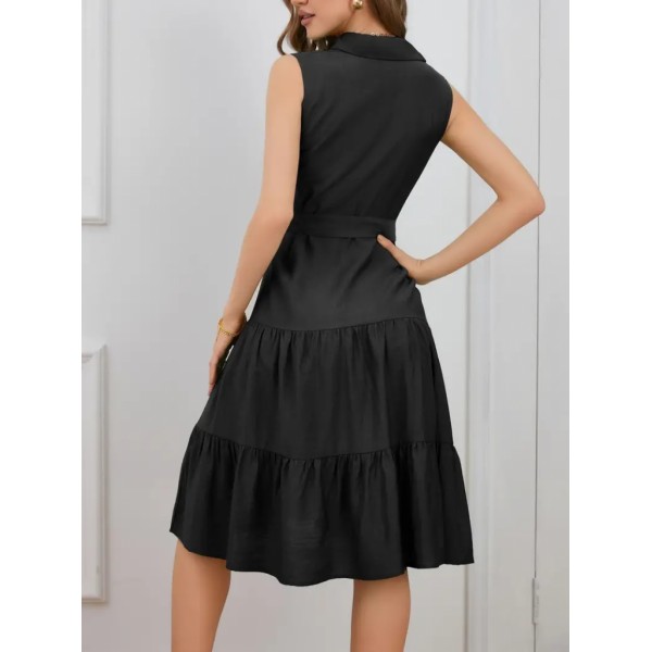 Kadın Kısa Kollu Gömlek Yaka Düğmeli Beli Kuşaklı Katlı Dokuma Midi Elbise