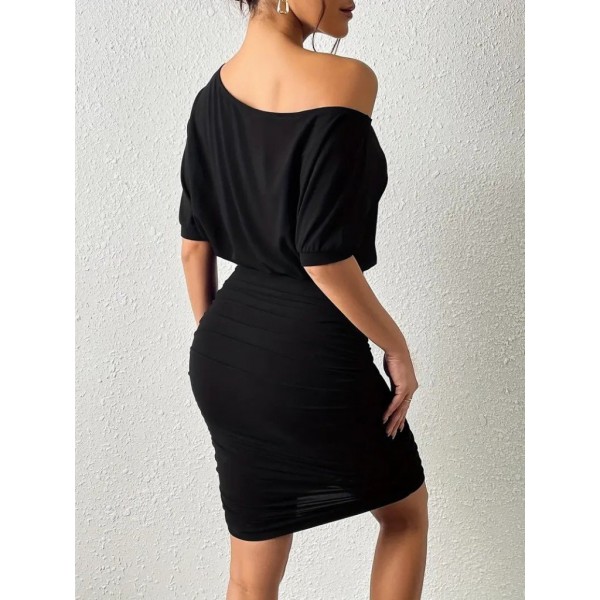Kadın Tek Omuzu Açık Büzgülü Kısa Sandy Elbise
