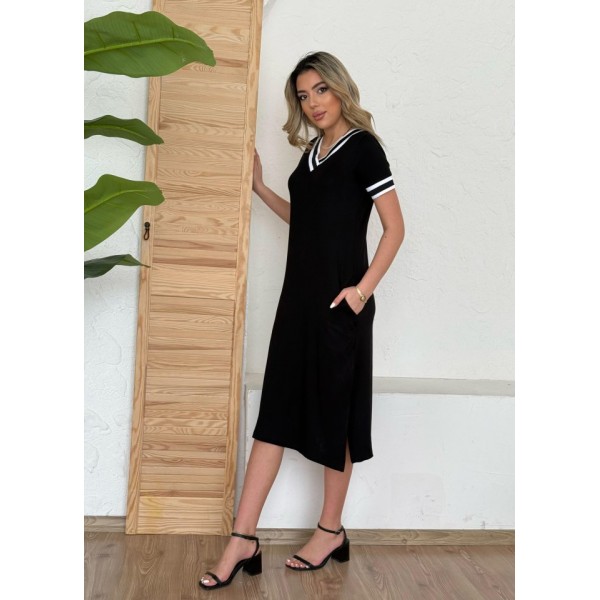 Kadın Kısa Kollu V Yaka Kol Ve Yaka Ribana Detay Midi Boy Viskon Elbise