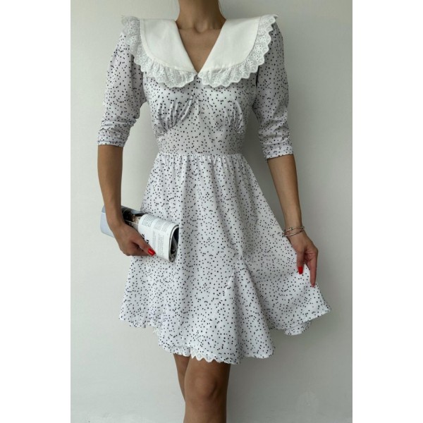 Beyaz Puantiyeli Önlük Yaka Elbise