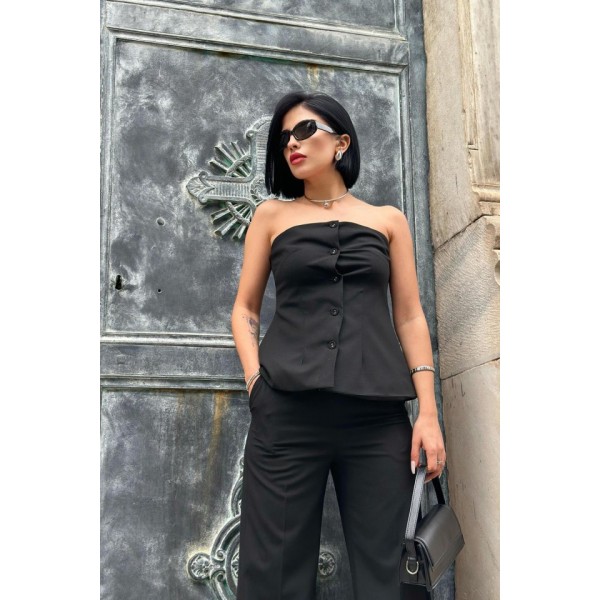 Siyah Straplez Düğmeli Crop Ve Pantolon Takım