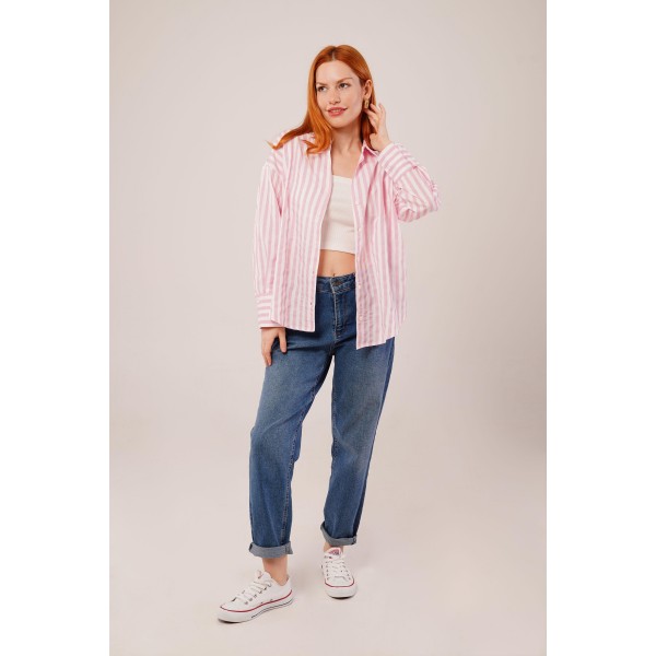Çizgili Rahat Kesim Pembe Gömlek