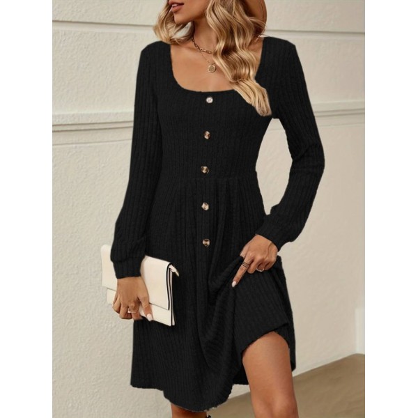 Kadın Uzun Kollu Kare Yaka Düğmeli Kısa şardonlu Iki Iplik Mini Elbise