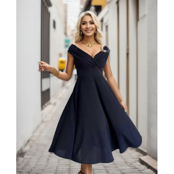 Kadın Kısa Kollu Kruvaze Yaka Eteği Volanlı Krep Elbise